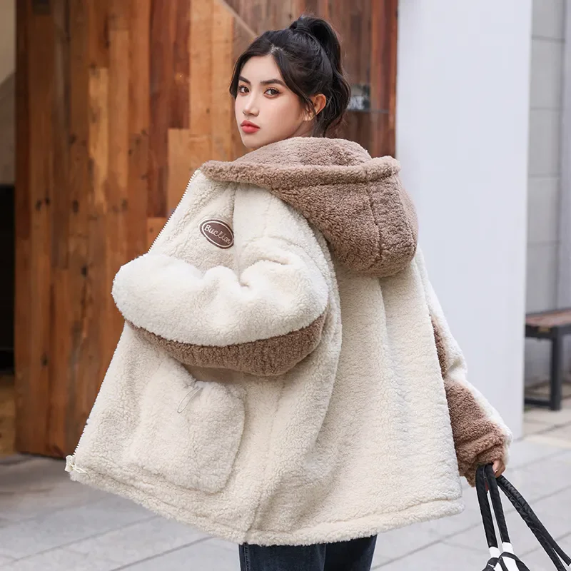 Autumn Winter New Fashion Loose Students Joker Hooded Plus Velvet Warm Cotton Jacket Lamb Wool Stitching Jacket Women's Outwear