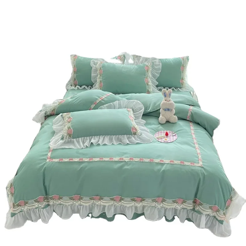 

2024 Korean Style Lace Four-Piece Set Chiffon Brushed Bedding Flower Embroidery Four-Piece Set