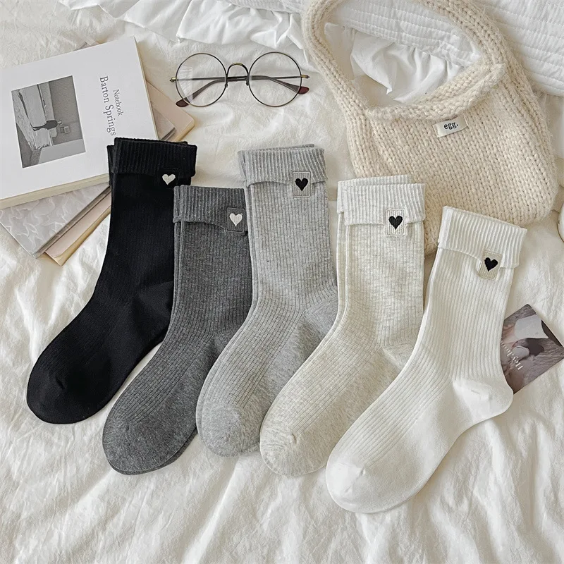 

5 Pairs Gray Rolled-Cuff Heart-Print Socks for Women Autumn Winter Mid-Calf Socks Solid Color Fashion Cotton Socks High Quality