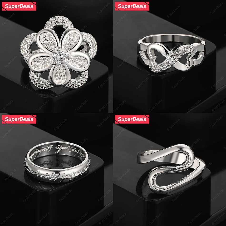 

SuperDeals 925 Sterling Silver Flower Bowknot Round Irregular Ring Beautiful Zircon Ladies Charm Wedding Party Noble Jewelry