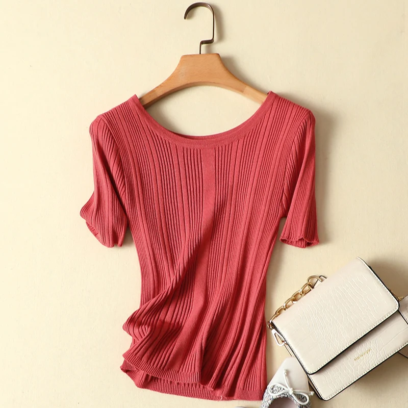 

Women's O-Neck Short-Sleeved Knitted Pulls Tops, Elegant Monochromatic Tees, Office Lady, Top Quality, Summer, New, 2025