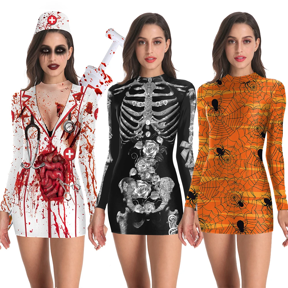 Halloween Cosplay Kostuums Bloederige Schedel Horror Rollenspel Jurk Vrouwen Enge Sexy Gothic Kleding Jurken