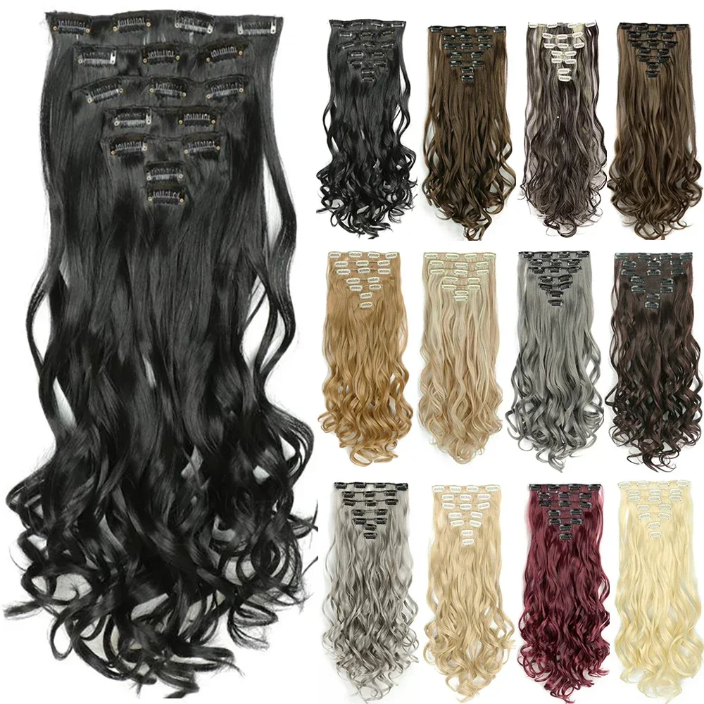 

Curly Synthetic Black Clip in Hair Extensions Full Head Hair Pieces for Women Postiche Natural Hair