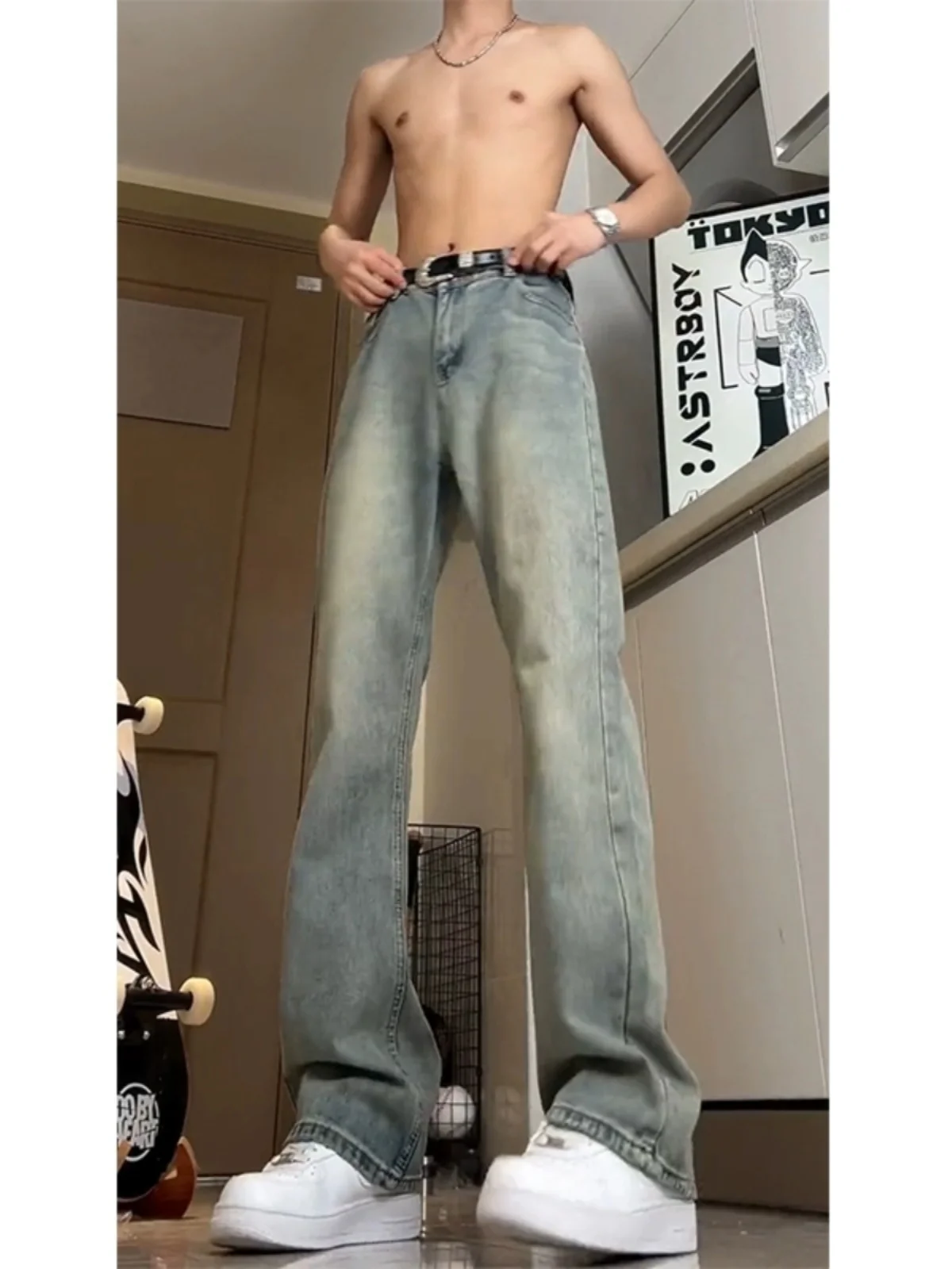 

Мужские синие джинсы в стиле ретро в американском стиле High Street Vibe, брюки со средней талией, молодежные джинсовые джинсы Bell Bot для учащихся средней школы