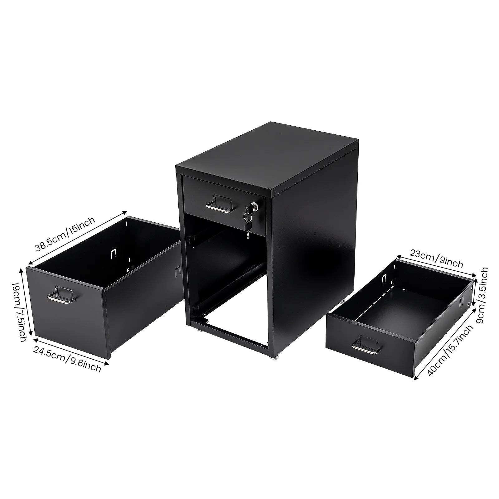 Black Lockable 3-Drawer Mobile File Cabinet Under Desk Rolling Steel Storage Cabinet with Wheels Silent Slide Drawers