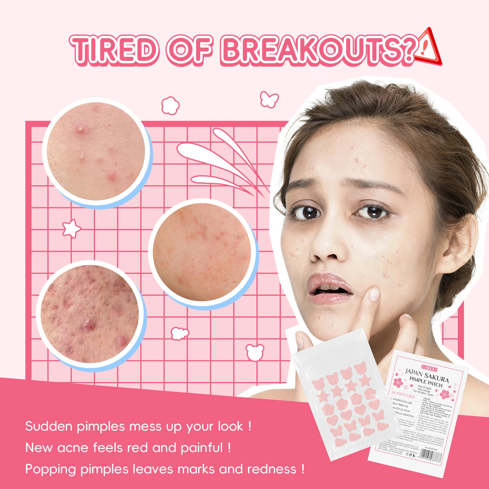 LAIKOU Sakura Acne Patch Invisible Hydrocolloid Pimple Patches for Face Concealing Zit Sticker Blemish Cover 24 Pcs