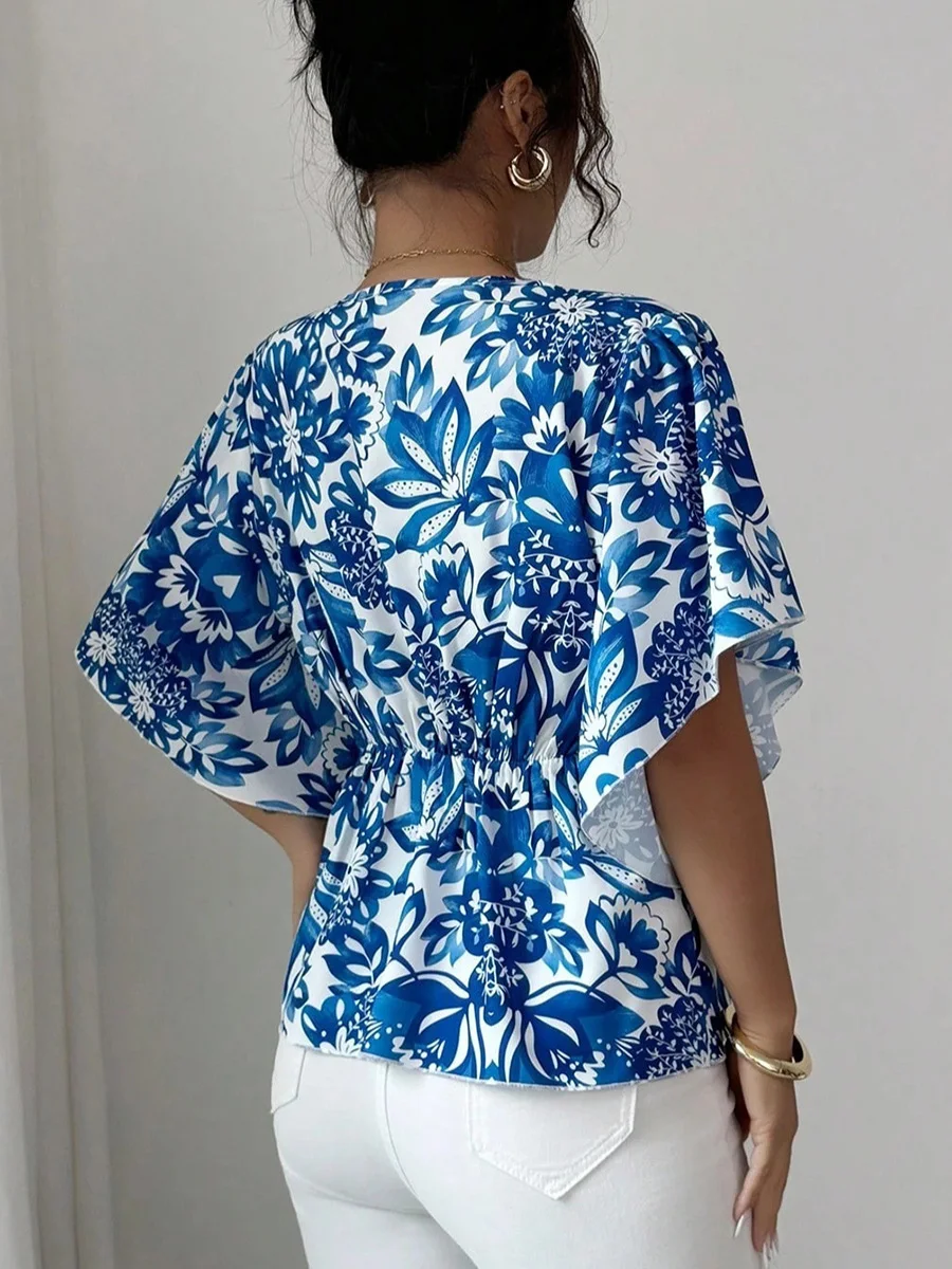 2026Women V Neck Floral Print Blouse Flared Half Sleeves Button Front Pleated Waist Contrast Color Office Work Daily Casual Tops