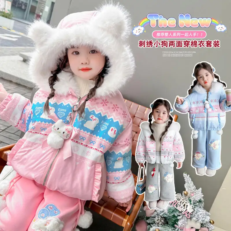 

Комплект из плотной хлопковой куртки с героями мультфильмов «Hello Kitty» для девочек, осень-зима 2023, новое детское модное двустороннее теплое пальто в стиле кавайного аниме