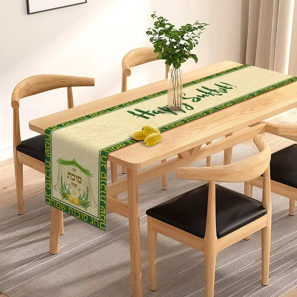 Sukkot Festival Linen Table Runner with Etrog Lulav Pattern, Jewish Holiday Decor for Kitchen Dining Table Setting