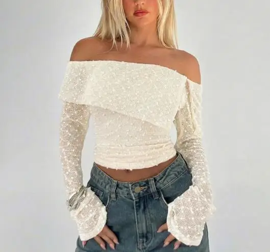 

2025 Spring Style One Shoulder Trumpet Sleeve Long Sleeve T-Shirt New Slim Design Short Top