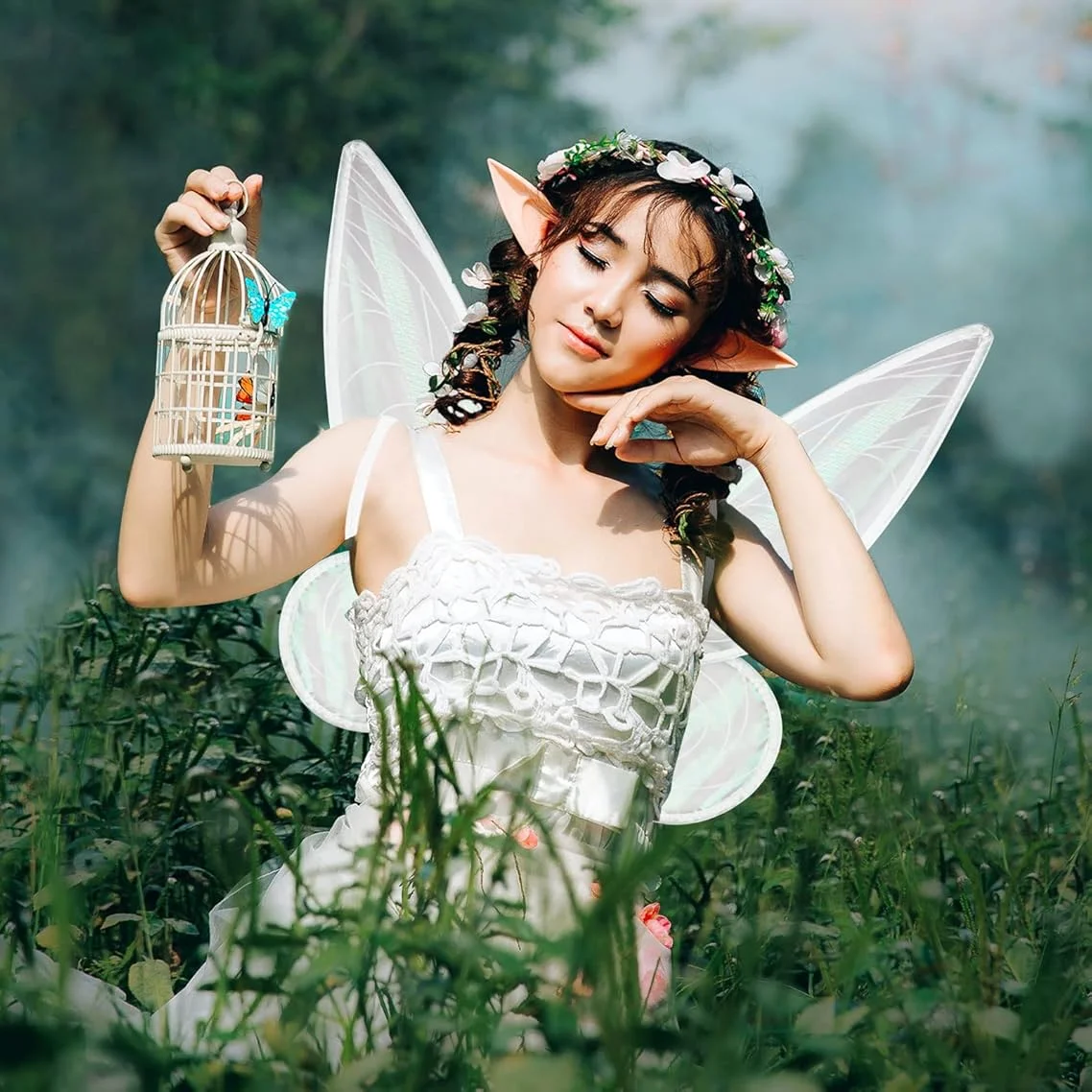 أجنحة الجنية للبالغين، أجنحة الفراشة للفتيات، أجنحة الملاك، أزياء الجنية للنساء فستان الهالوين للحفلات باللون الأبيض