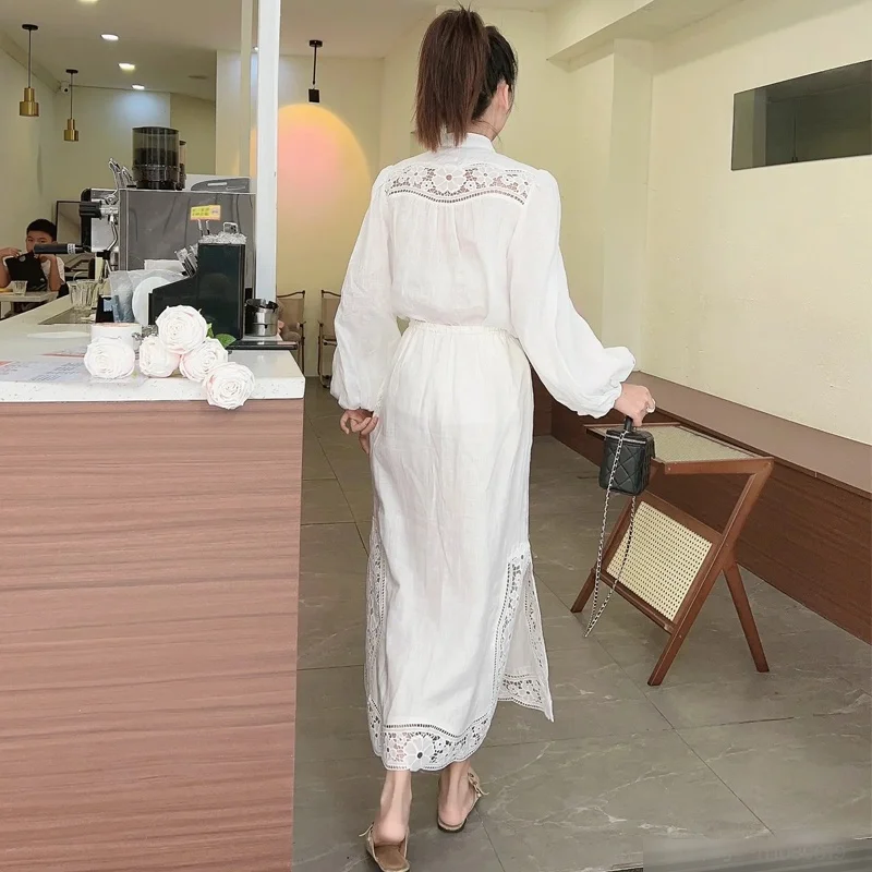 

Ele Briti Sle Women's Lace Hollow out Embroidered Linen Skirt Set Faionable Pure Color Patchwork Long Sve Dr