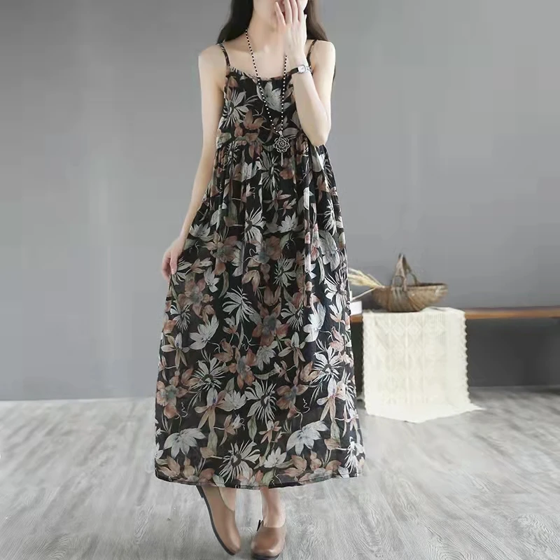 Original Design Baumwolle Leinen Midi Dr frauen Strap Dr Koreanische Sle Gedruckt Gored A-linie Rock Sommer Lange Svel