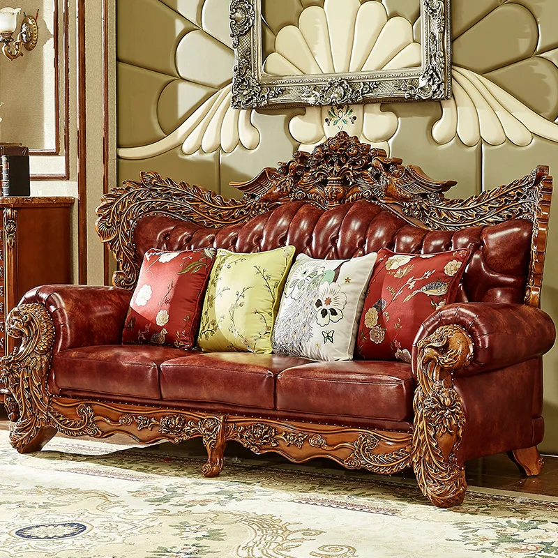 European-style First-floor Leather Sofa, High-end Classical Villa Luxury Phoenix Solid Wood Carved American Living Room  Sofa