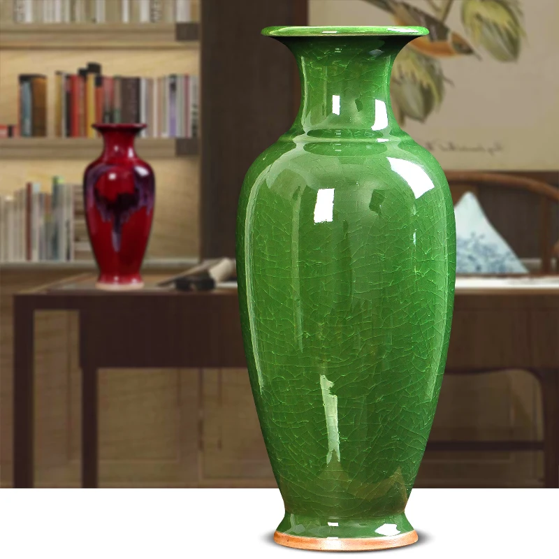 Chinese Vintage Ceramic Green Vase Tabletop Ornaments Home Room Terrarium Tradition Decor Flower Pot Room Decoration Accessories