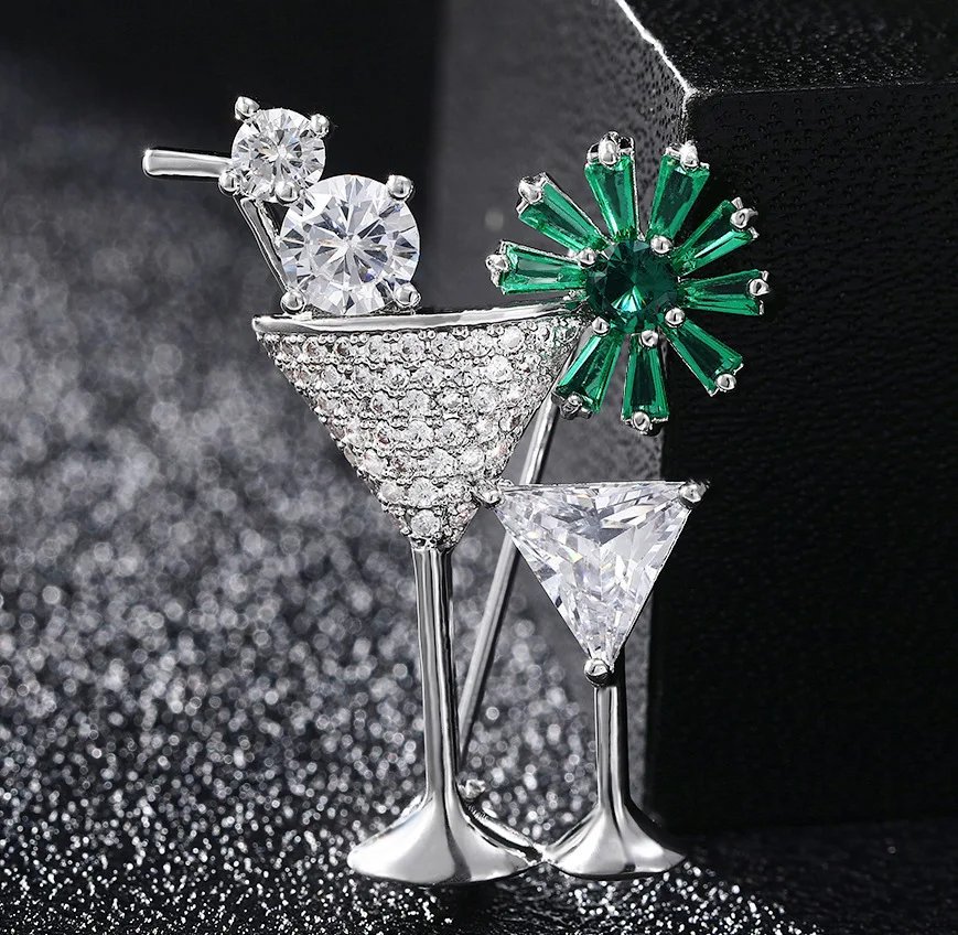 Creative Cocktail Glass Brooches for Women Cubic Zircon Copper Luxury Brooch Pins Dress Coat Sweater Accessories Jewelry Gifts