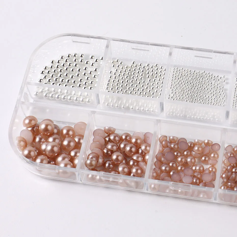 Rose Gold Pearls Nail Art Decoration Half/Round Pearls Nail Charms Steel Beads Autumn Winter Design Japanese Manicure Parts DIY