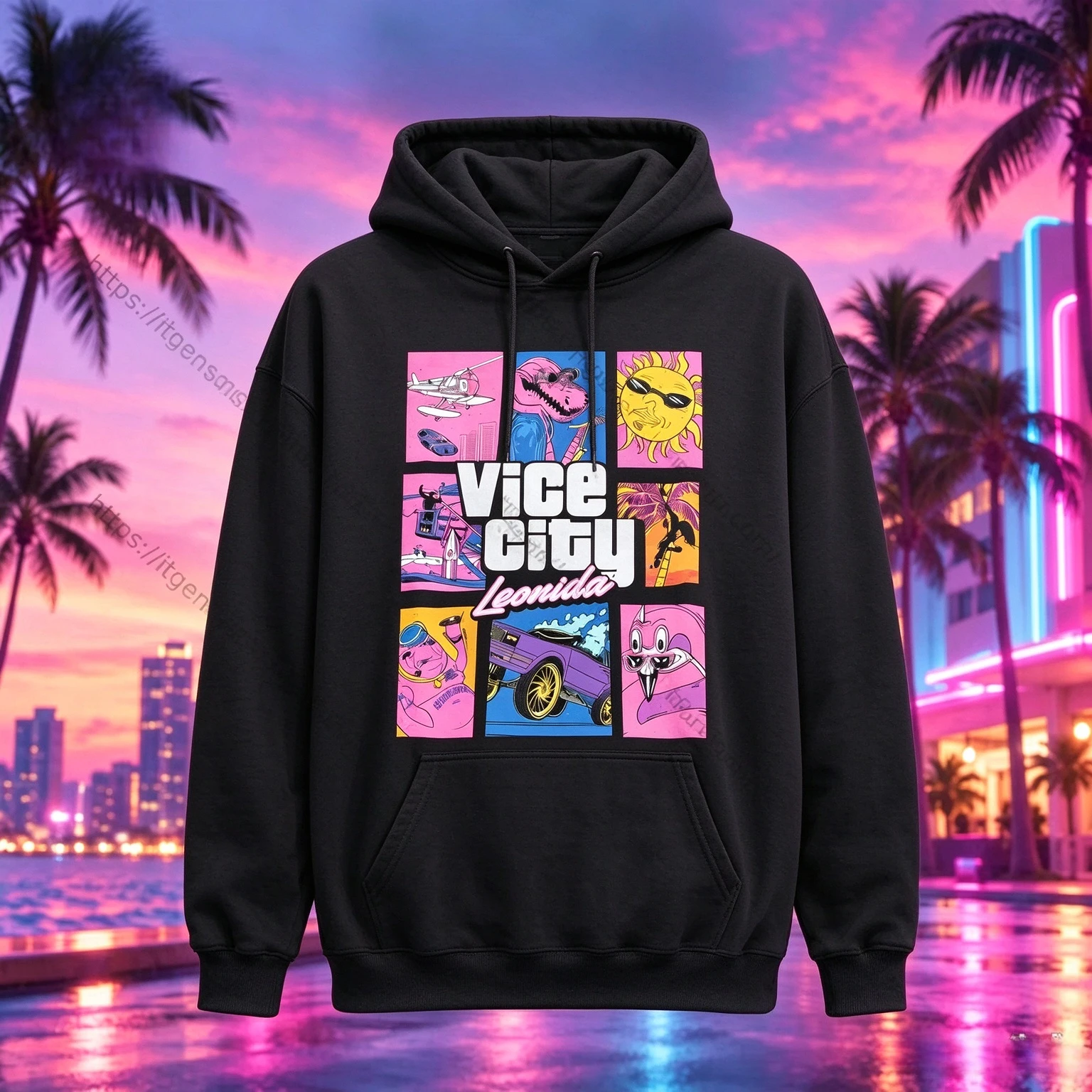 GTA 6 Vice City Leonida Collage Graphic Hoodie Unisex Oversized Pullover Hooded Sweatshirt Miami Retro Streetwear Men Women