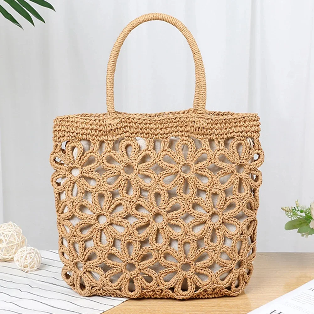 Casual Hollow Straw Women Handbag Wicker Woven Shoulder Bag Summer Beach Rattan Bag Large Capacity Tote Bali Purse