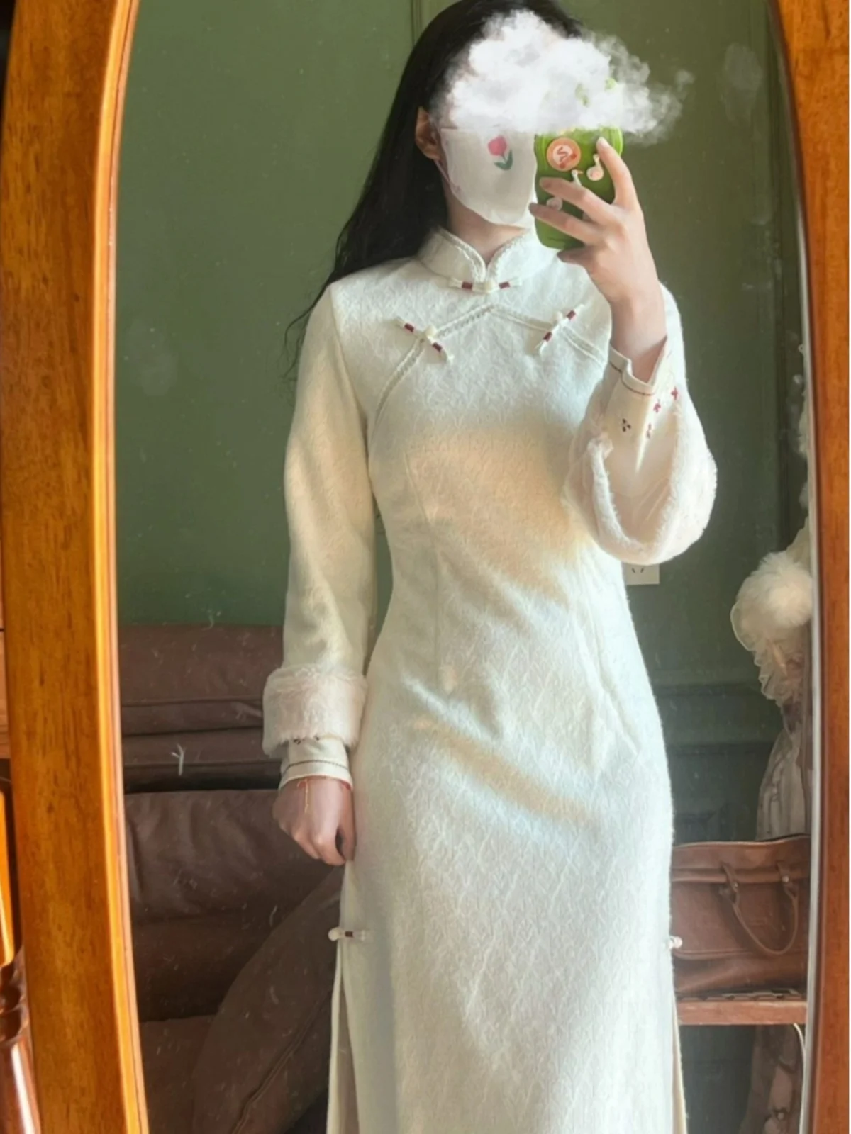 

Young Women's New Chinese Sle Fro Coat Thiened Fce Autumn Winter Long Dr Double Lapel High Slit Warm Long Sve