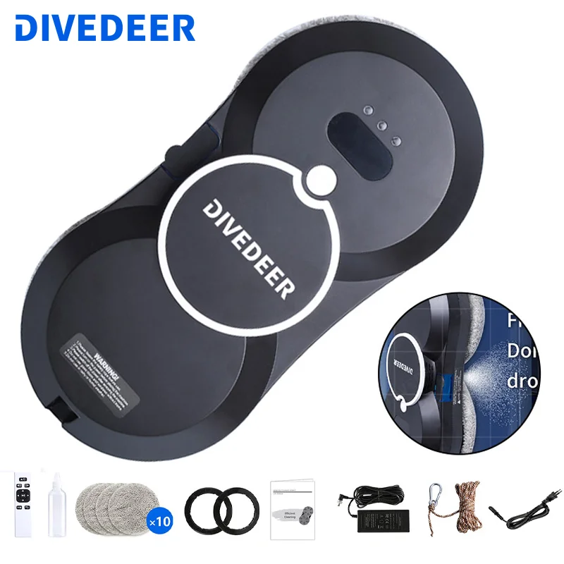 DIVEDEER Robot nettoyeur de vitres intelligent fonction de pulvérisation d'eau automatique