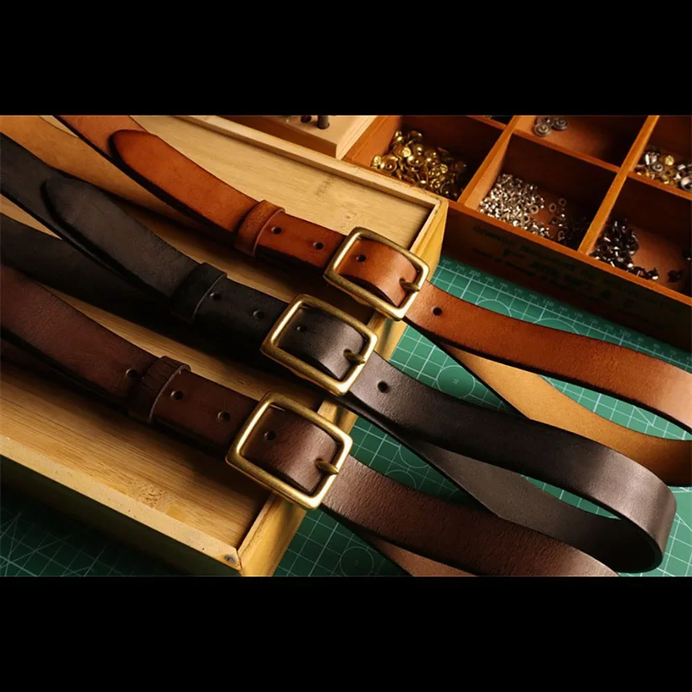 Retro Ladies' Genuine Leather Belt with Solid Brass Buckle Cowhide Belt for Casual Jeans 30mm Width