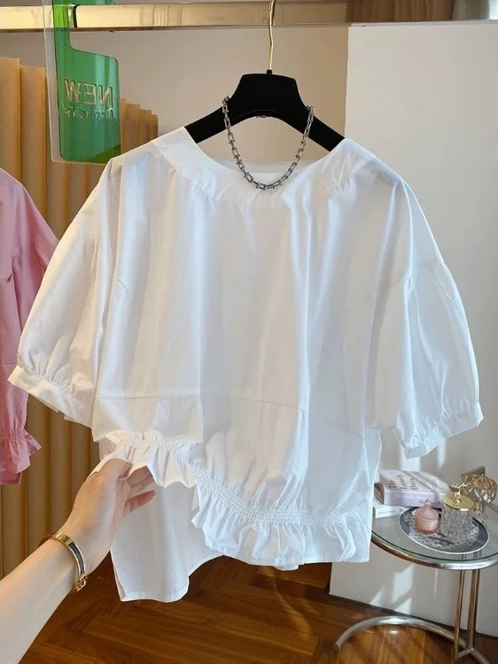 High-End Women's Summer 2025 Loose round Ne irt ort Sve Bubble Sve Doll Top Faionable Versatile Casual Regular Fit