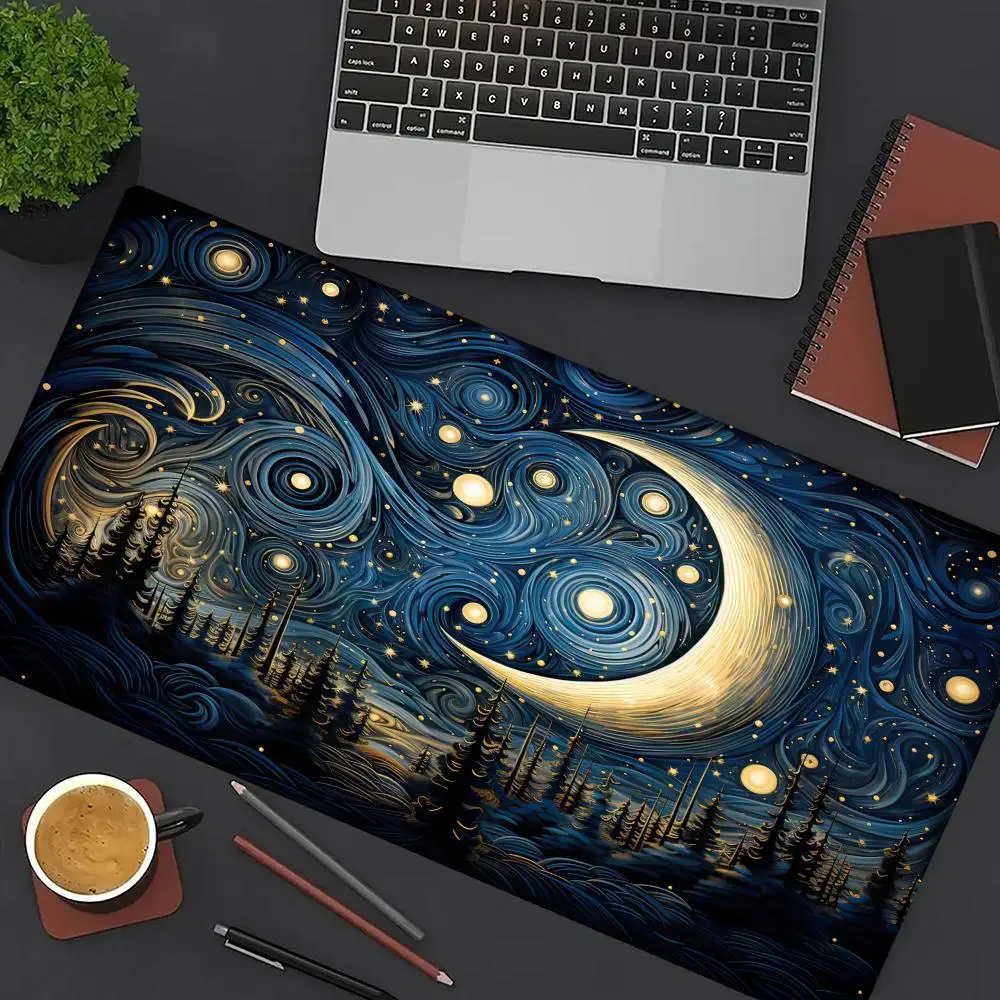 แผ่นรองเมาส์ลาย Starry Night ขนาดใหญ่ สำหรับคอมพิวเตอร์ สำนักงาน เล่นเกม แผ่นรองโต๊ะ XXL ยางกันลื่น ขอบเย็บ แผ่นรองคีย์บอร์ด แผ่นรองโต๊ะยาว