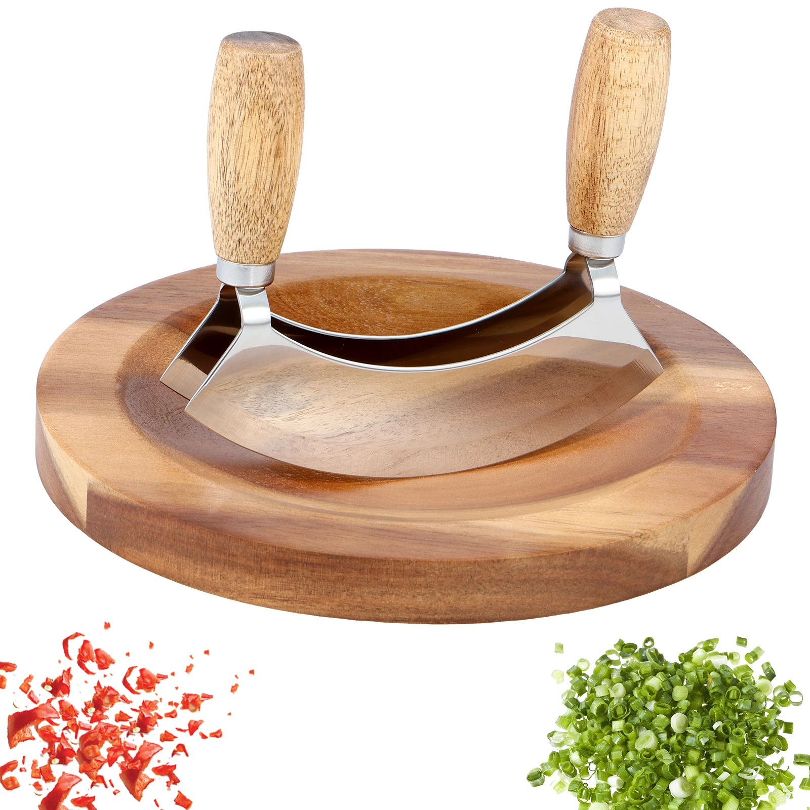 Ulu Cutter Set mit rundem Schneidebrett, Edelstahl, Rocker, Chopper, Slicer, Cutter, rostfrei, Pizzaschneider, Rocker-Slicer