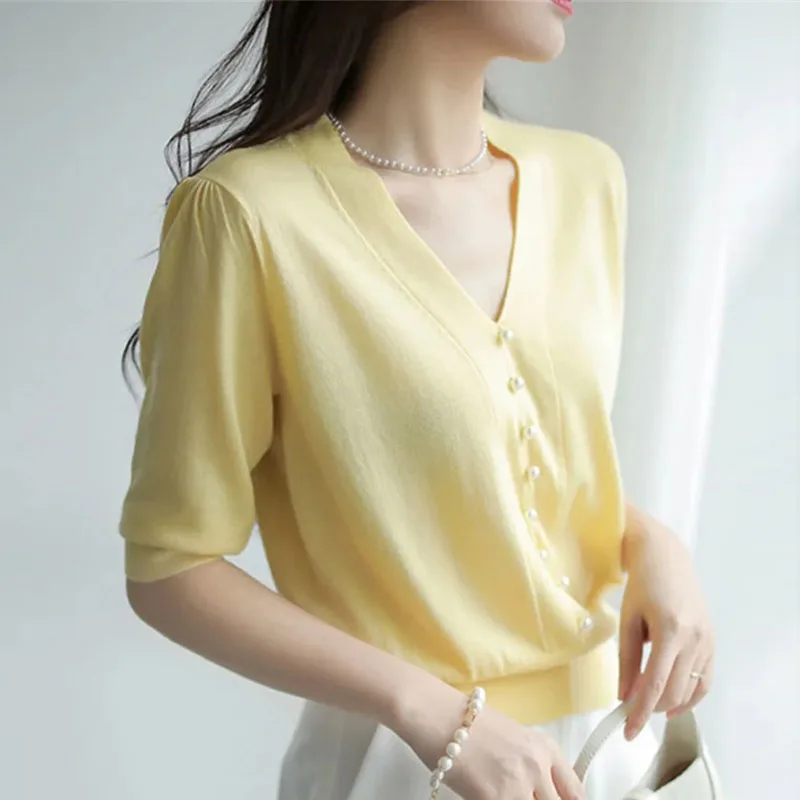 ニットウェア新しいビーズ V ネックニットセーター女性プルオーバー半袖ニットセータープルオーバー女性トップスセーター Feminino G17