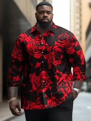 Biggmans Rose Red Black Print Mens Shirts Romantic Men Plus Size Long Sleeve Top Streetwear Casual Loose Lapel Tees New Clothes