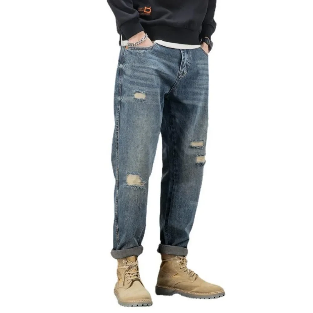 Calça jeans casual com problemas masculina, calça Harlan com encaixe solto, perna reta, streetwear Y2K, nova moda, primavera e outono