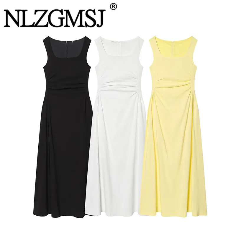 Nlzgmsj 2026 Sommer Neuheit Damen Ärmelloses Midikleid mit eckigem Ausschnitt, geraffter Taille, A-Linien-Kleid für Strand & Alltag