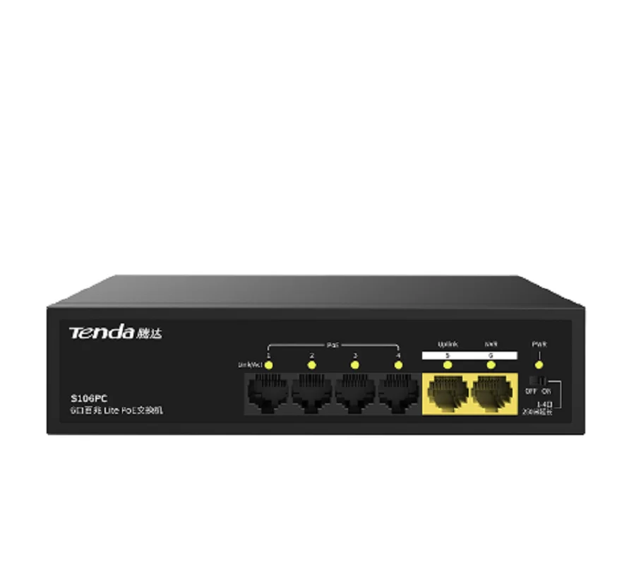 Tenda S106 100M dual-port uplink unmanaged PoE switch adopts AF standard power supply mode and intelligently identifies powered