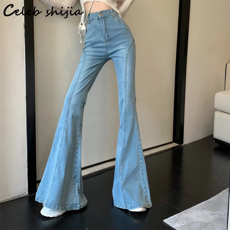 

CHIC Blue Flare Jeans for Women High Waist 2023 Summer Elastic Denim Women Bottoms Korean Elegant Y2k Wide Leg Pants