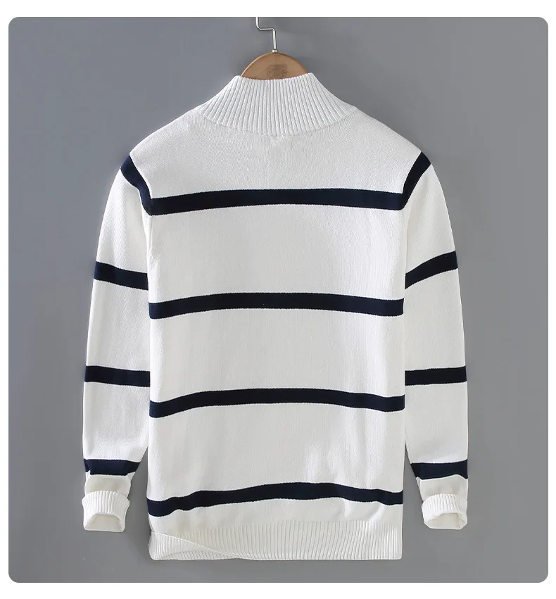 High Quality 100% Cotton Autumn Winter Mens Long Sleeve Turtleneck Sweaters Knitted Clothes Thick Coats Fashion Male Stripe Tops