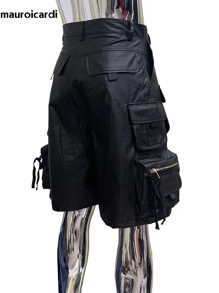 

Summer Autumn Waterproof Black Pu Leather Cargo Shorts for Men with Three-dimensional Pockets Cool Luxury Designer Emo Clothes