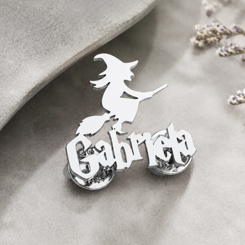 Custom Name Wizard Brooch For Men Women Halloween Style Personalized Nameplate Bandge Pins Stainless Steel Jewelry For Halloween