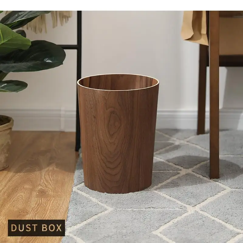 Swing Cover Wooden Trash Can Garbage Bin Wastebasket Round Shape Waste Bins Home Storage Bucket Kitchen