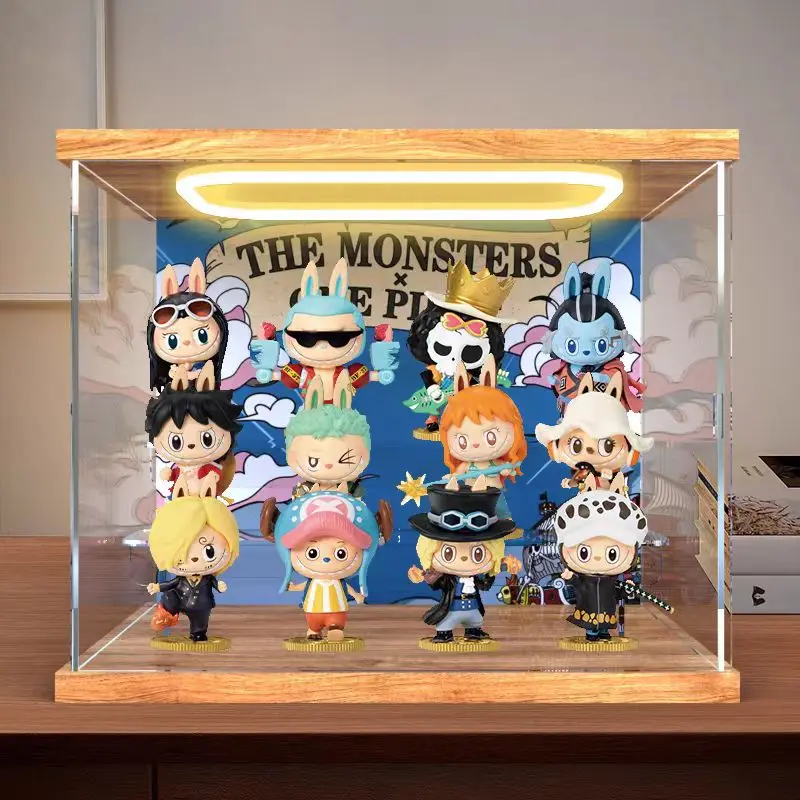 

Acrylic Display Case with 2 Tier Clear Steps and Ring LED Light for Action Figure, Storage Box with 5 Background Boards and Door