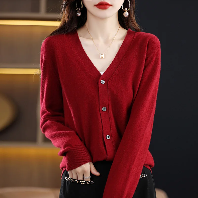 

Лидер продаж, женский кардиган из 100% мериносовой шерсти с v-образным вырезом и длинными рукавами, осенне-зимний повседневный свитер, простой удобный вязаный топ