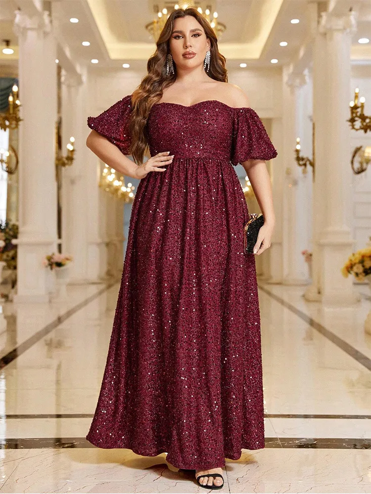 

Plus Size Luxury Off-Shoulder Wedding Bridesmaid Burgundy Evening Gown 5xl 6xl Big Size Long Sequin Evening Gown For Women