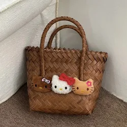 Sanrio New Black Kitty High Appearance Imitation Vine Weaving Handbag Lightweight Portable Travel Bag