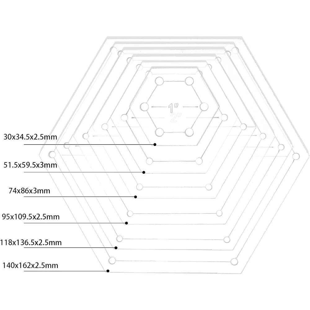 6Pcs Mixed Sizes Hexagon Quilting Template Transparent Pressure Plate(Hole: 3mm) with 6 Mixed Size
