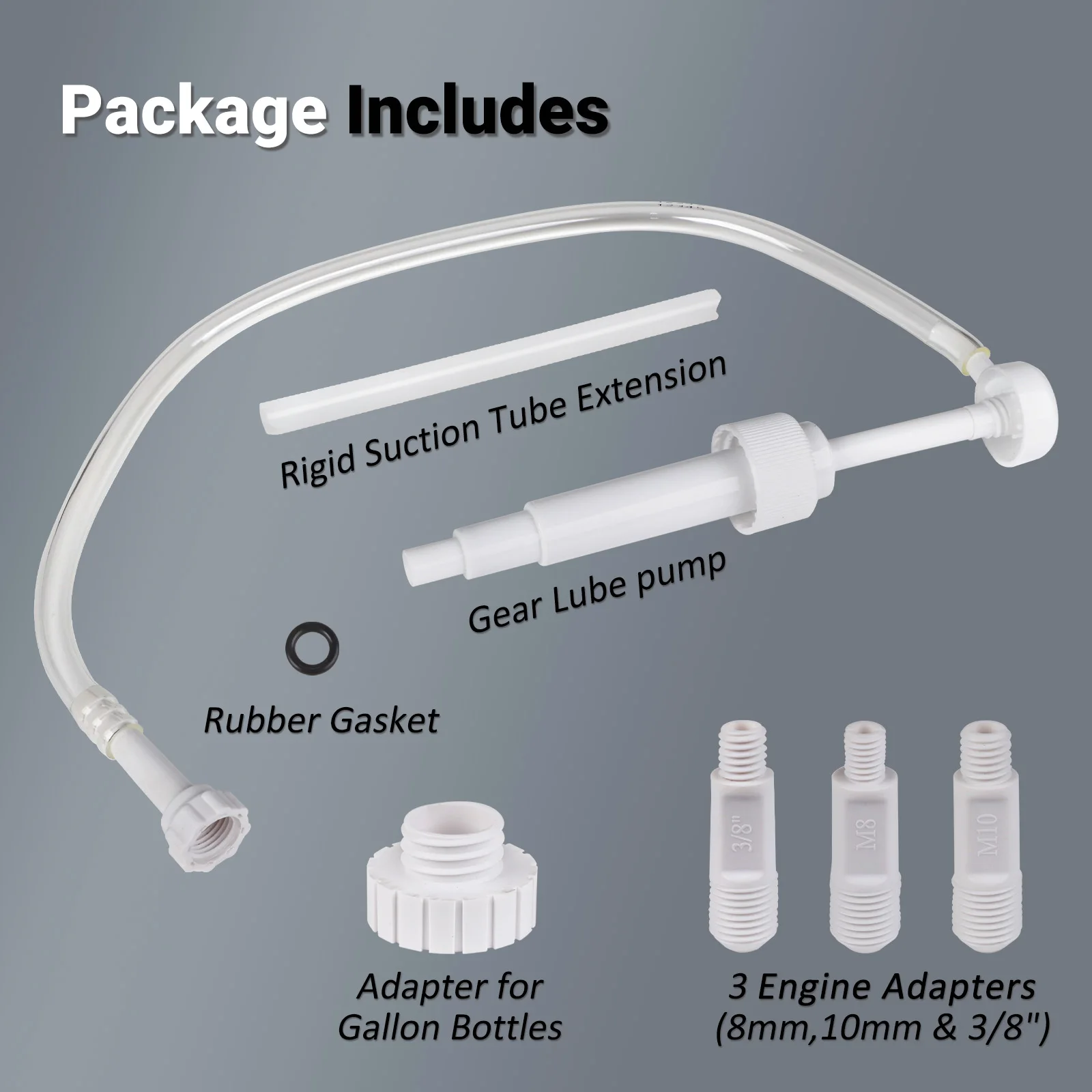 

White Gear Oil Pump with 28mm Quart 38mm Gallon Bottle Cap and 3 Engine Adapters 8mm 10mm 3/8" For Outboard Sterndrive Motors