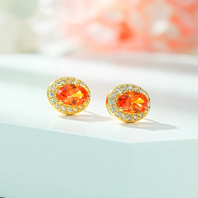 MINWEEN Real 925 Silver Stud Earrings 4 * 6mm Oval Fanta Orange Ear Earring Women's Fashion Jewelry