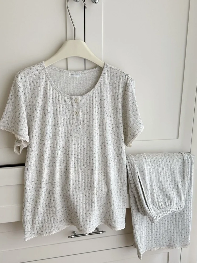 pyjama-en-coton-tricote-pour-femme-manches-courtes-pantalon-long-vetements-de-maison-imprime-floral-col-rond-collection-printemps-ete