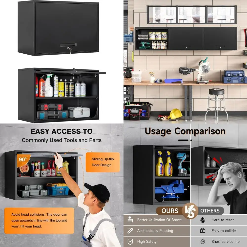 

Черный металлический настенный шкаф с запирающейся дверцей и полкой, подходит для гаража, склада или офиса, требуется сборка.