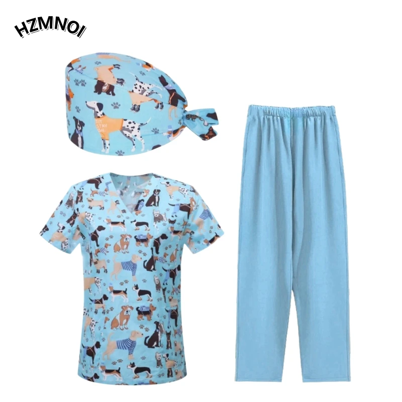 Wholesale Three piece set of clothes, hats, pants hand washing Clothes Pet Clinic Printed V-neck Unisex Surgical Clothes Set