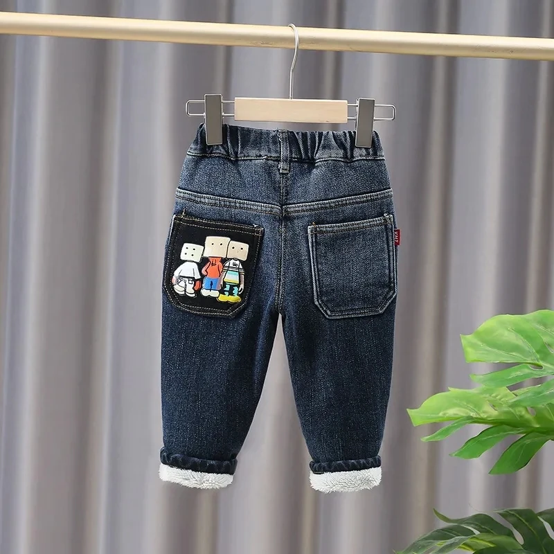 Winter Fleece Lined Boys Jeans Pants Warm Elastic High Waist Kids Vaqueros Pantalones Thick Lambwool Fluff Children Denim Broek